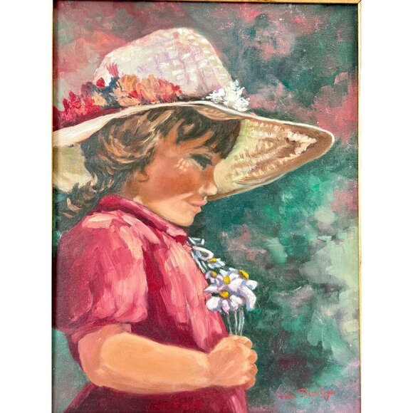 Oil Painting of Little Girl Holding Flower, Smiling Face, On Canvas13x17" - Picture 4 of 14